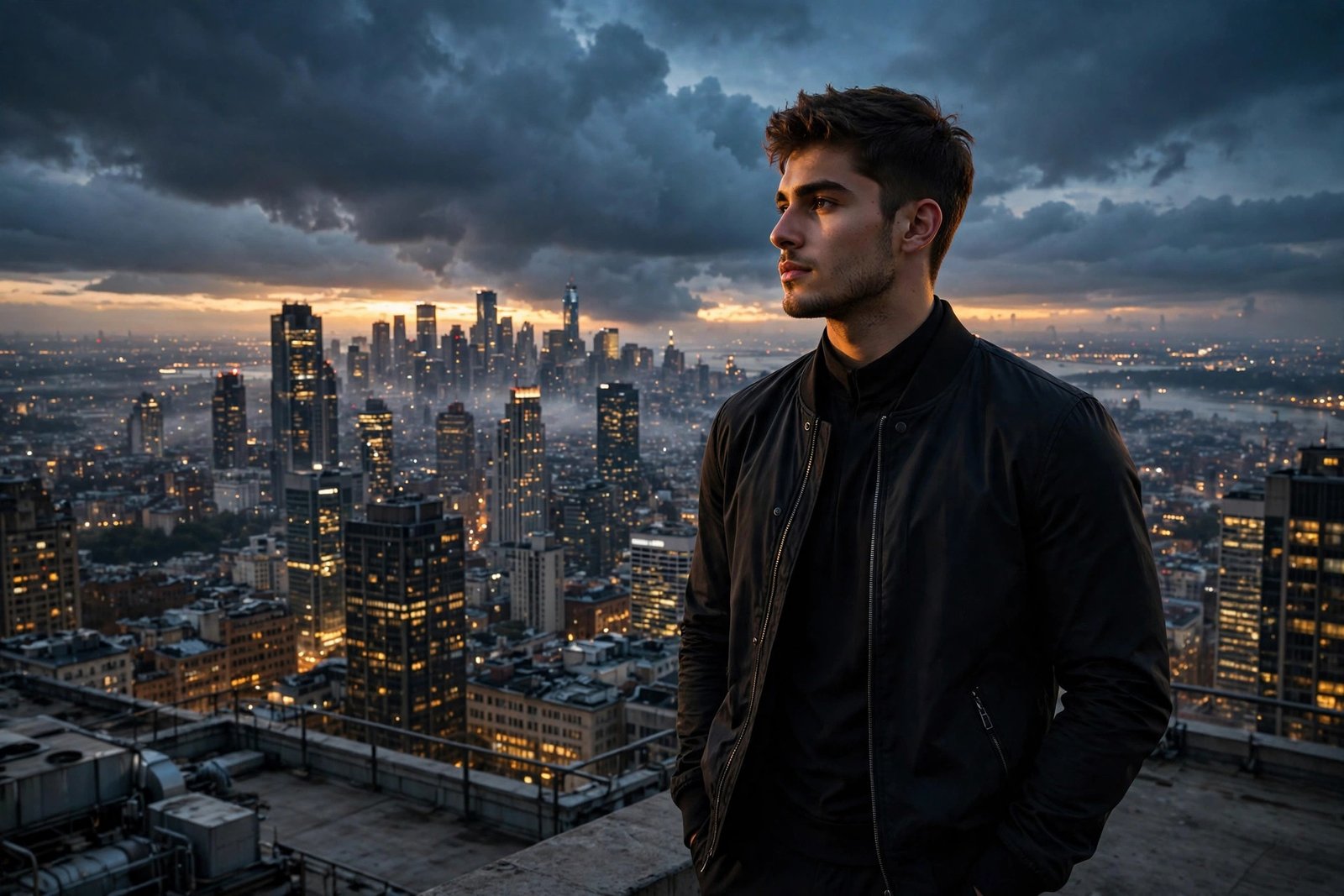 Confident young man in stylish outfit against city skyline at dusk — featured image for attitude captions for boys collection