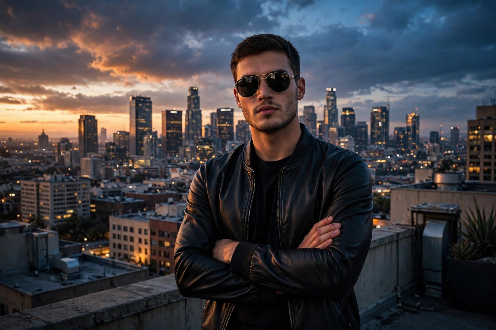 Confident young man in sunglasses with city skyline at dusk — attitude status in English featured image