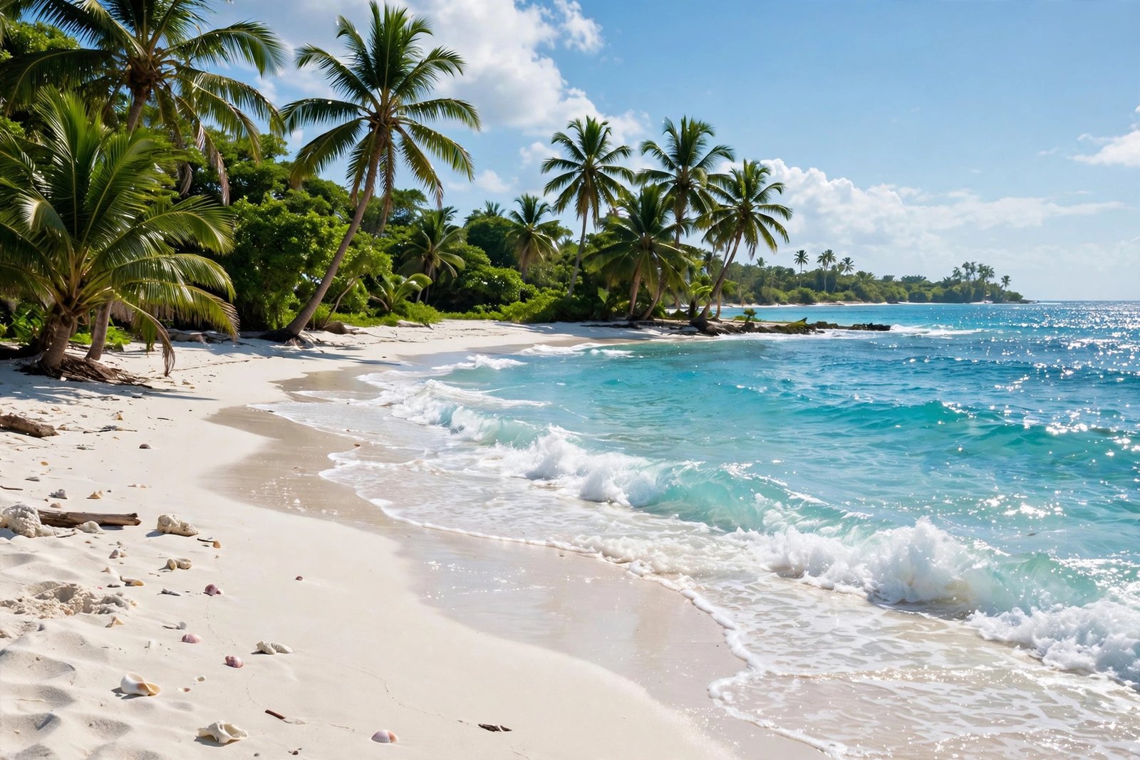 Turquoise ocean waves and palm trees on a sunny tropical beach — beach captions for Instagram featured image