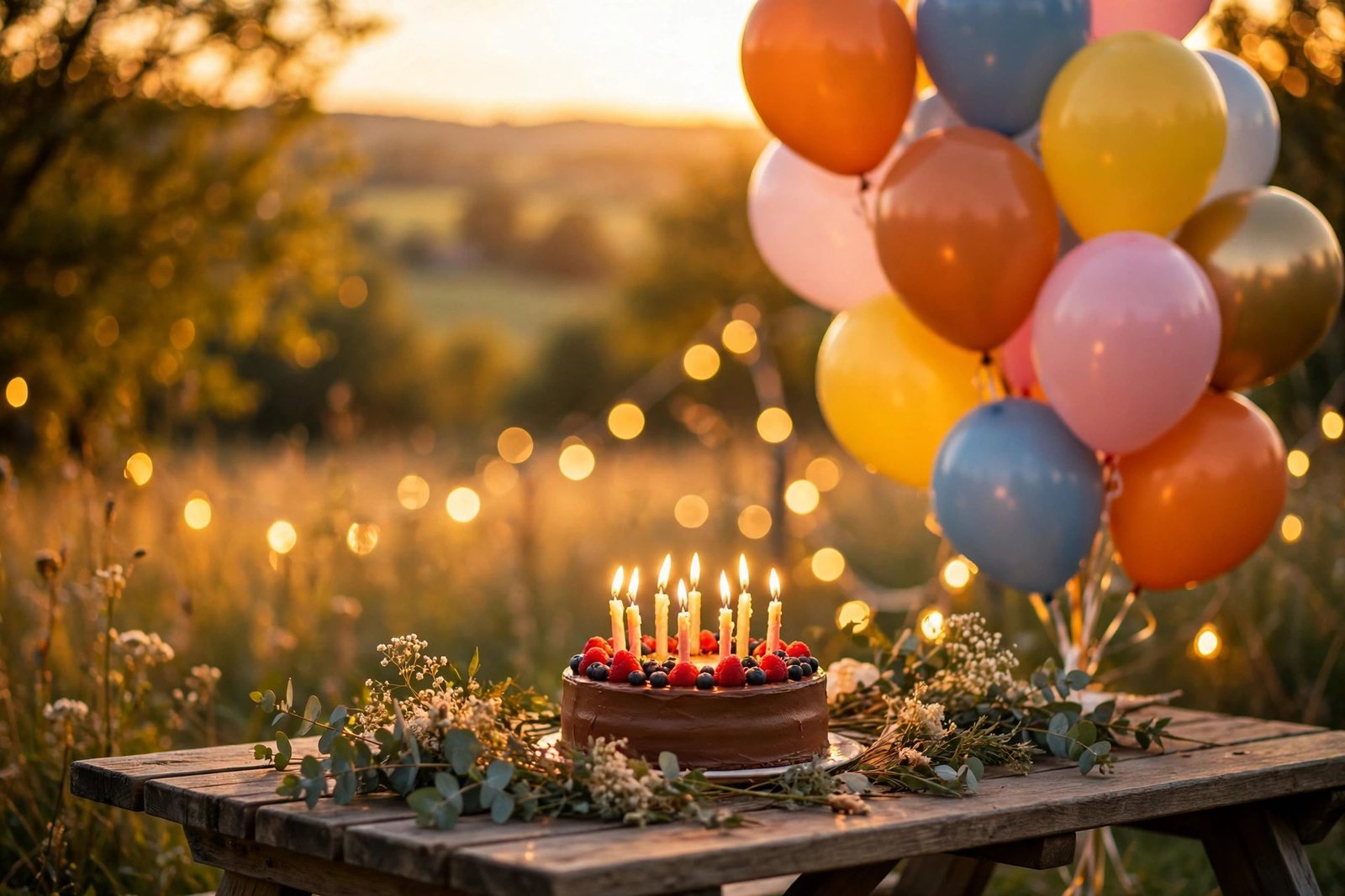 Birthday candles and balloons at golden hour — featured image for birthday captions for Instagram collection