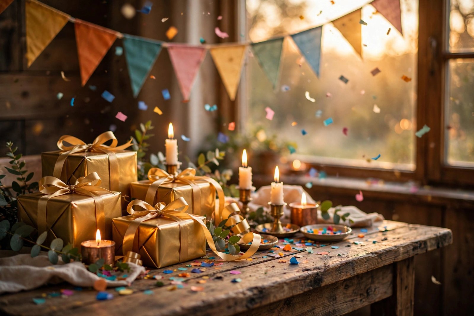 150+ Birthday Wishes for Brother (2026) 7 Birthday wishes for brother — festive table with gold gift boxes, glowing candles and confetti