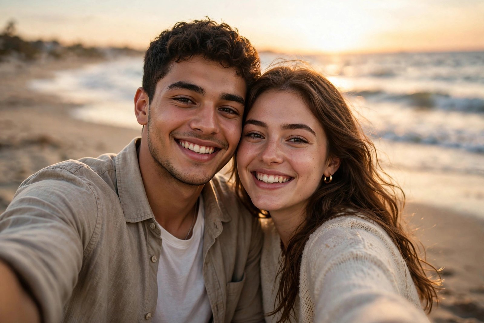 Happy couple taking a selfie at golden hour on the beach — couple captions for Instagram featured image