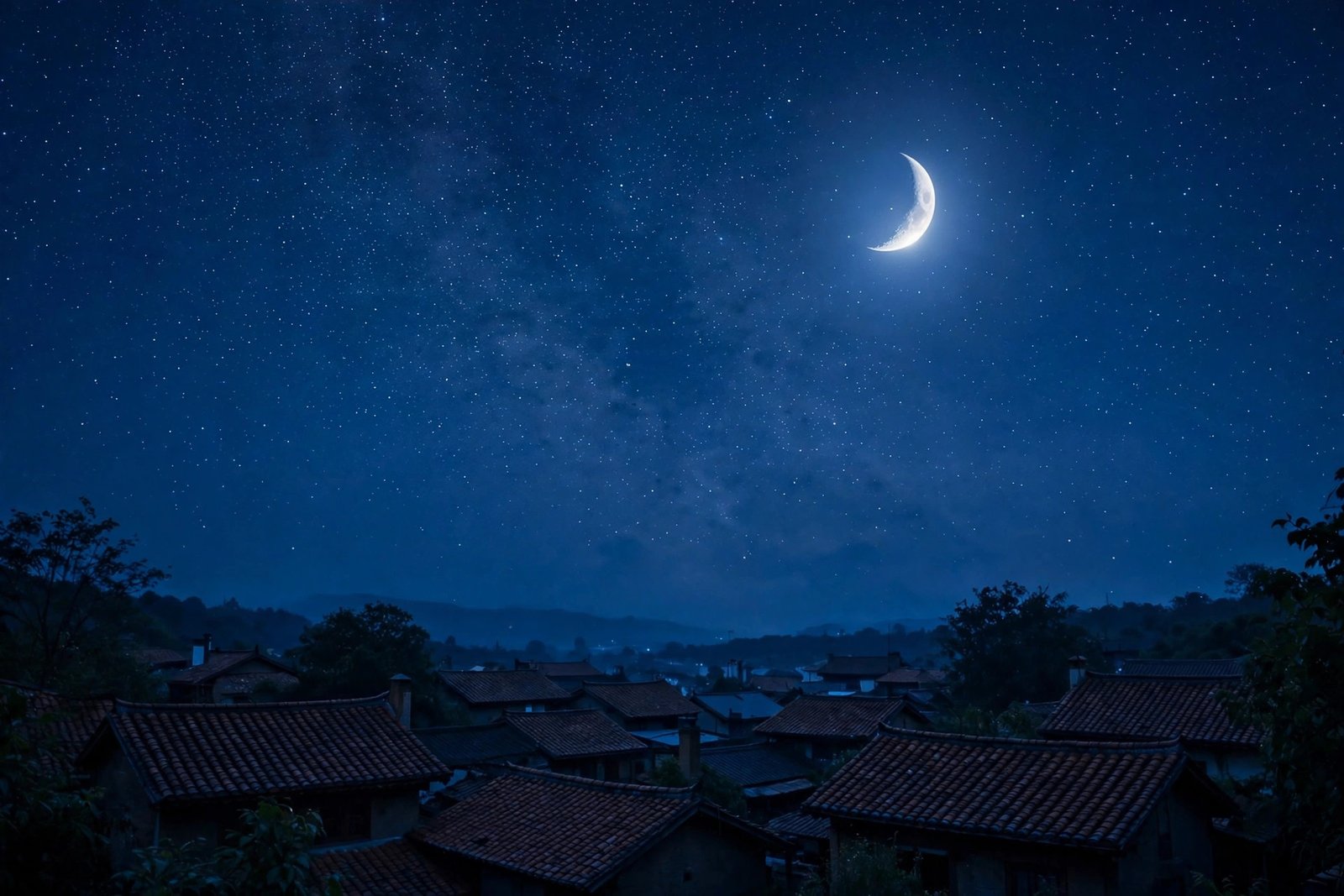 Peaceful night sky with moon and stars over quiet rooftops — good night messages for friends featured image