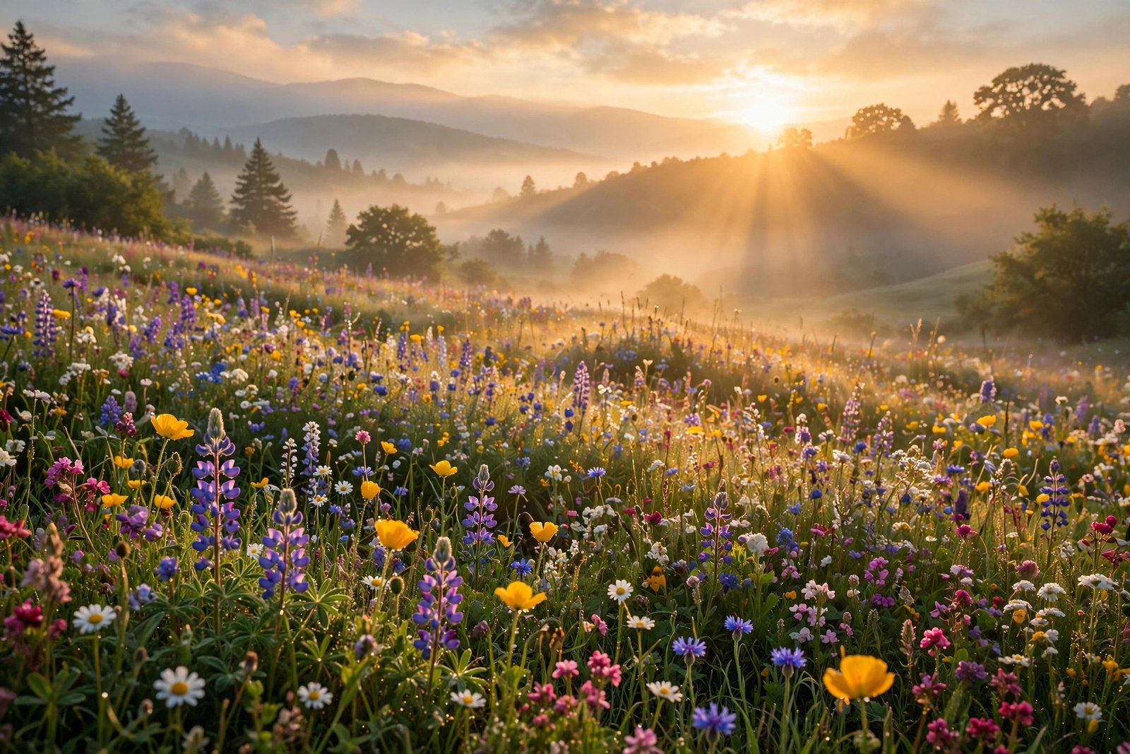 Bright cheerful sunrise over a wildflower meadow with warm golden light streaming through morning haze, perfect for good vibes quotes