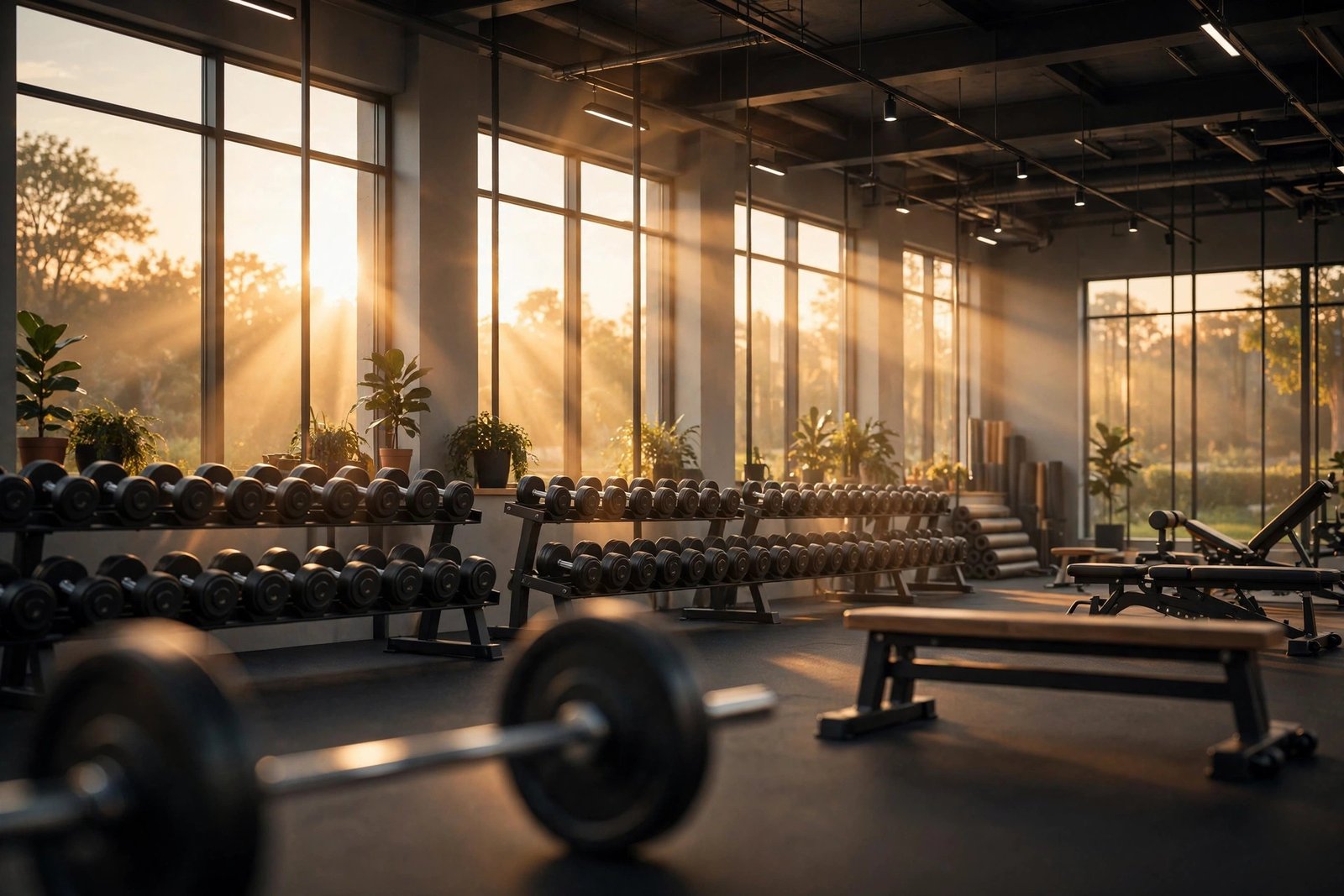Modern gym interior with dumbbells in warm light — gym captions for instagram featured image
