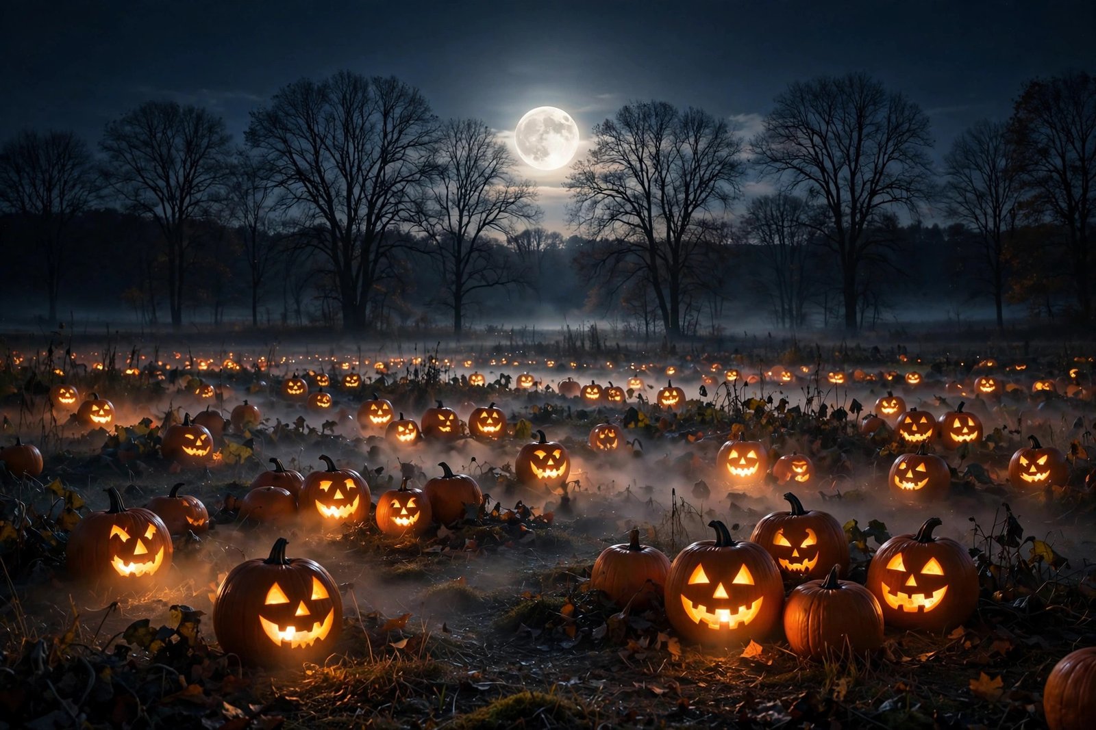 Moonlit pumpkin patch with glowing jack-o'-lanterns — halloween captions for instagram featured image