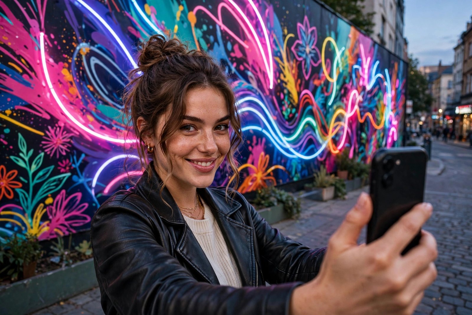 Stylish young woman taking a selfie by a neon mural, Instagram bio ideas for girls inspiration