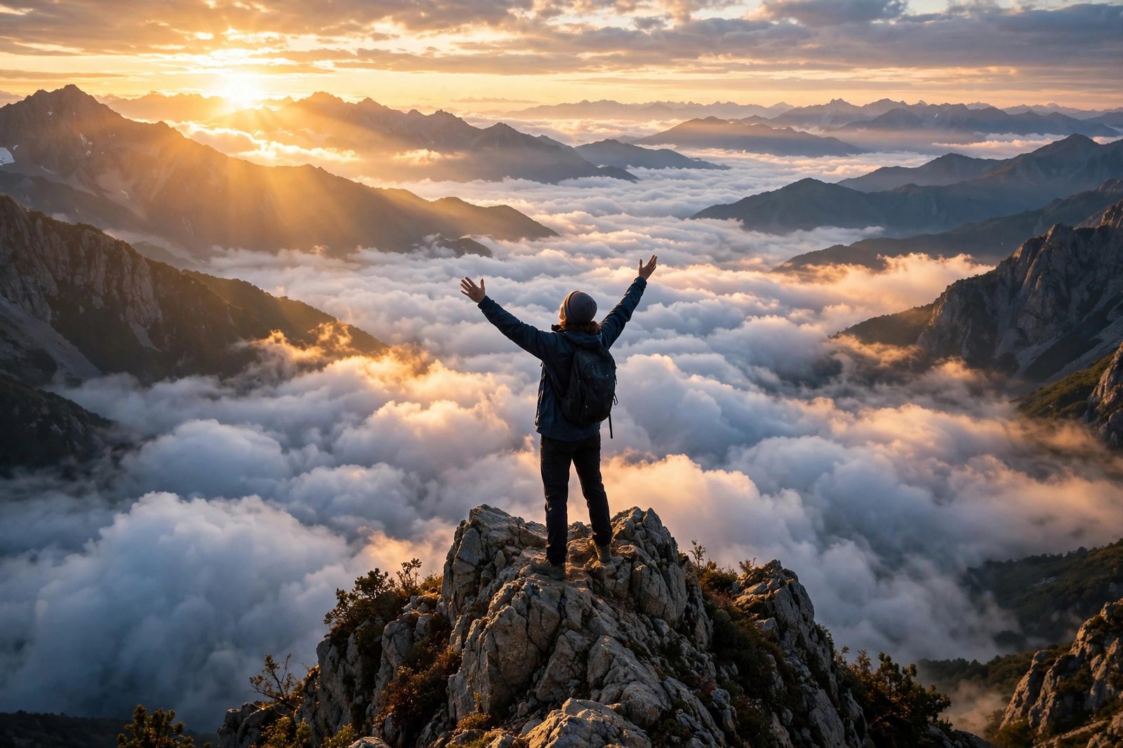Person standing on mountain peak at sunrise with arms raised — motivational quotes for success featured image