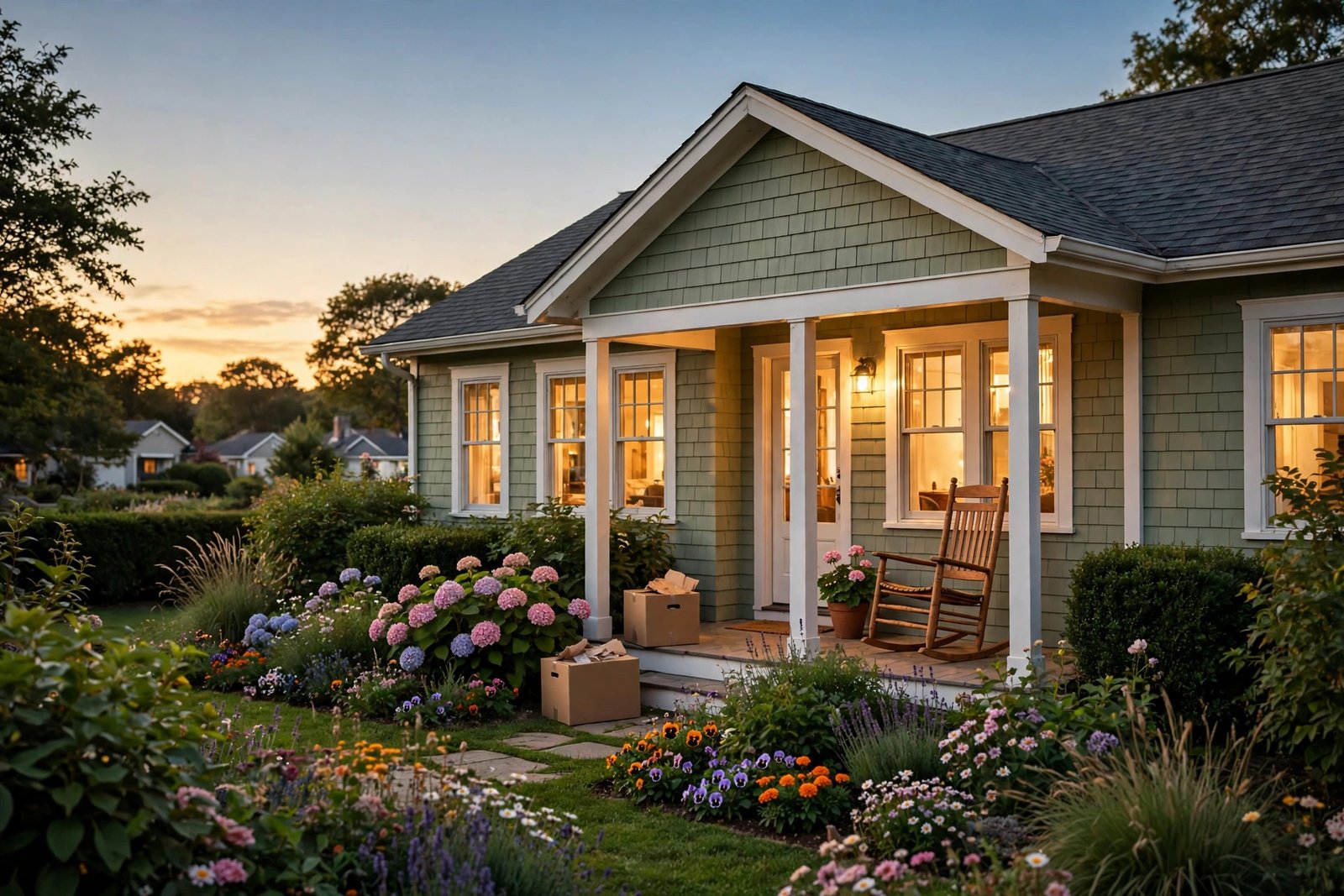 New home wishes — charming suburban house with warm glowing windows at golden dusk