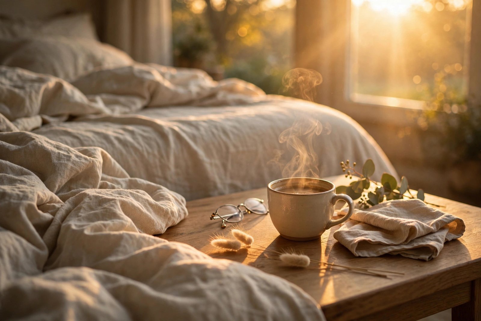 150+ Romantic Good Morning Messages for Him (2026) 7 Golden sunrise over a cozy bedside with steaming coffee — romantic good morning messages for him inspiration