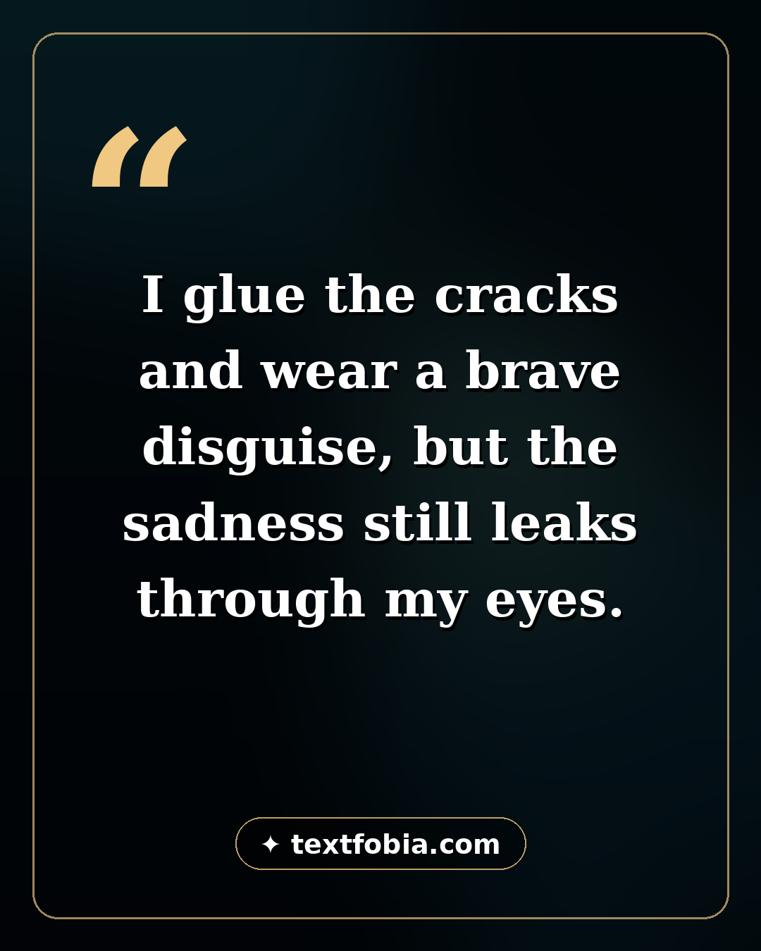 Sad shayari in English quote card — brave disguise, sadness leaks through eyes
