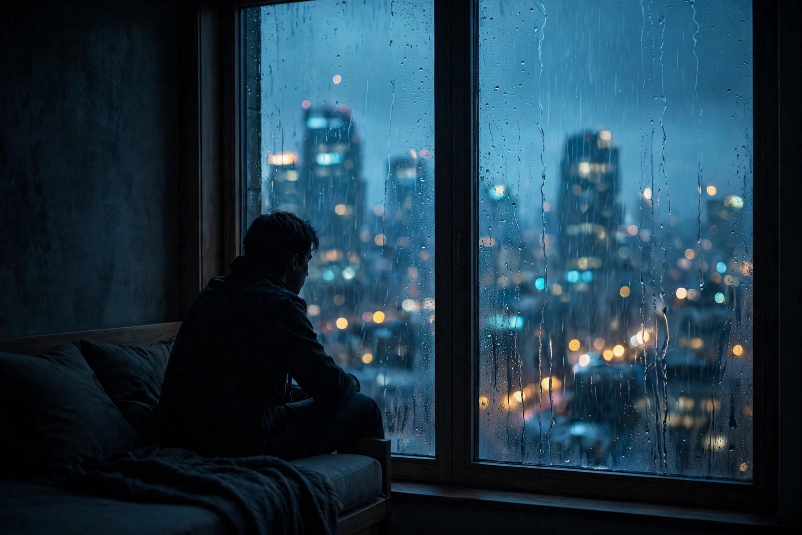 Lonely silhouette sitting by a rain-streaked window at dusk, sad shayari in English mood