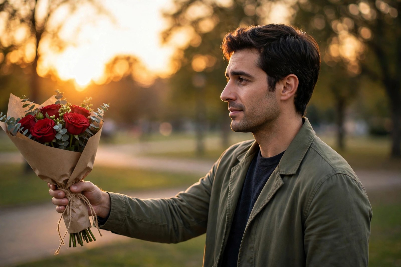 Man offering red roses in apology at sunset — sorry messages for girlfriend featured image