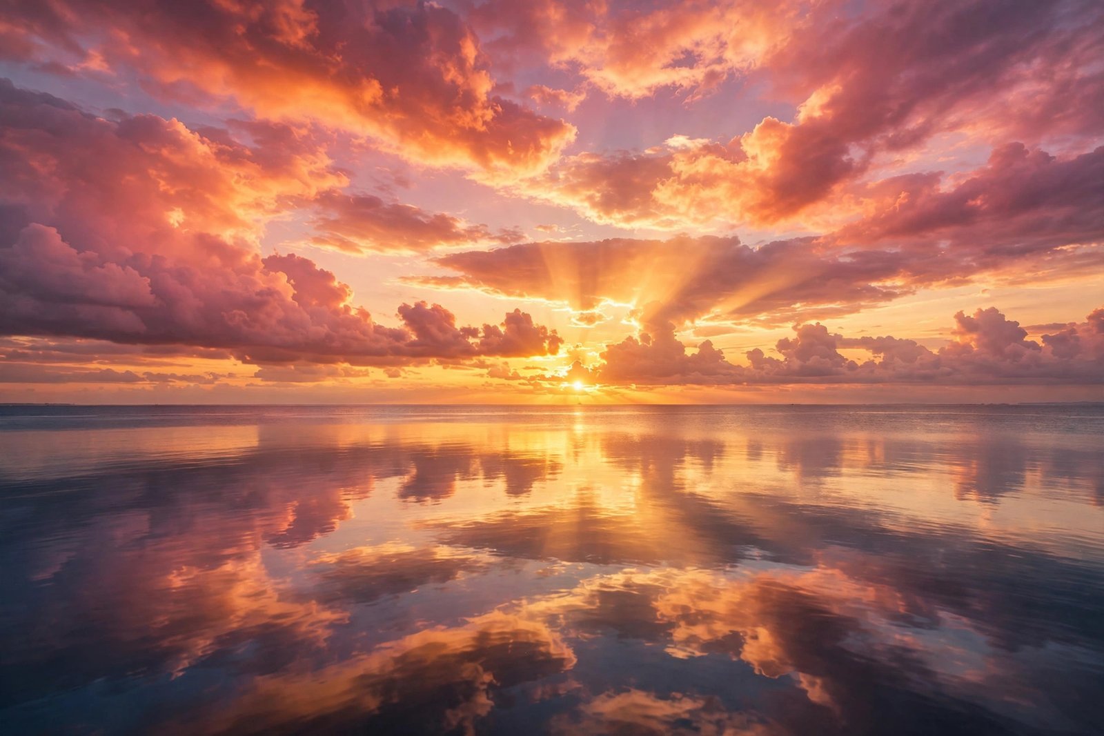 Vibrant sunset over the ocean horizon with orange and pink clouds reflected on calm water, perfect backdrop for sunset captions for Instagram