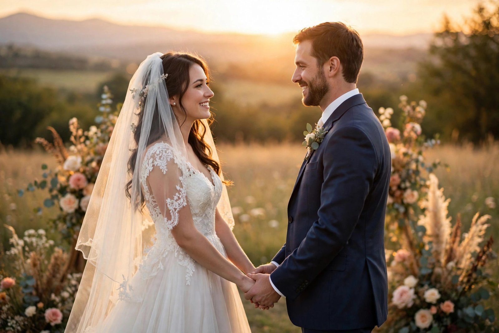 Bride and groom holding hands at sunset wedding ceremony — wedding wishes for friend featured image